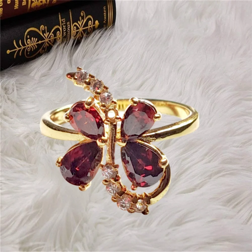 Butterfly Gold Plated Ring with Deep Red CZ Stones